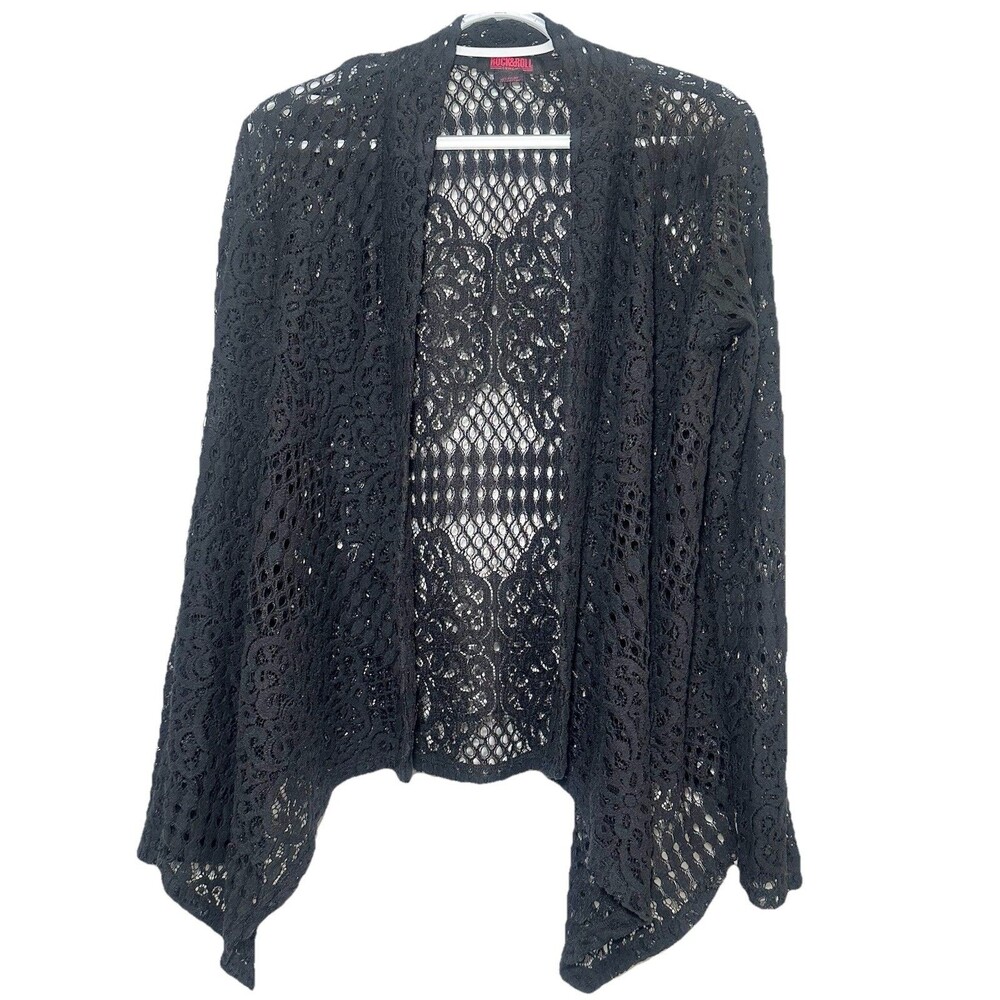 Rock & Roll Cowgirl Black Lace Crochet Cardigan Boho Western Sheer M